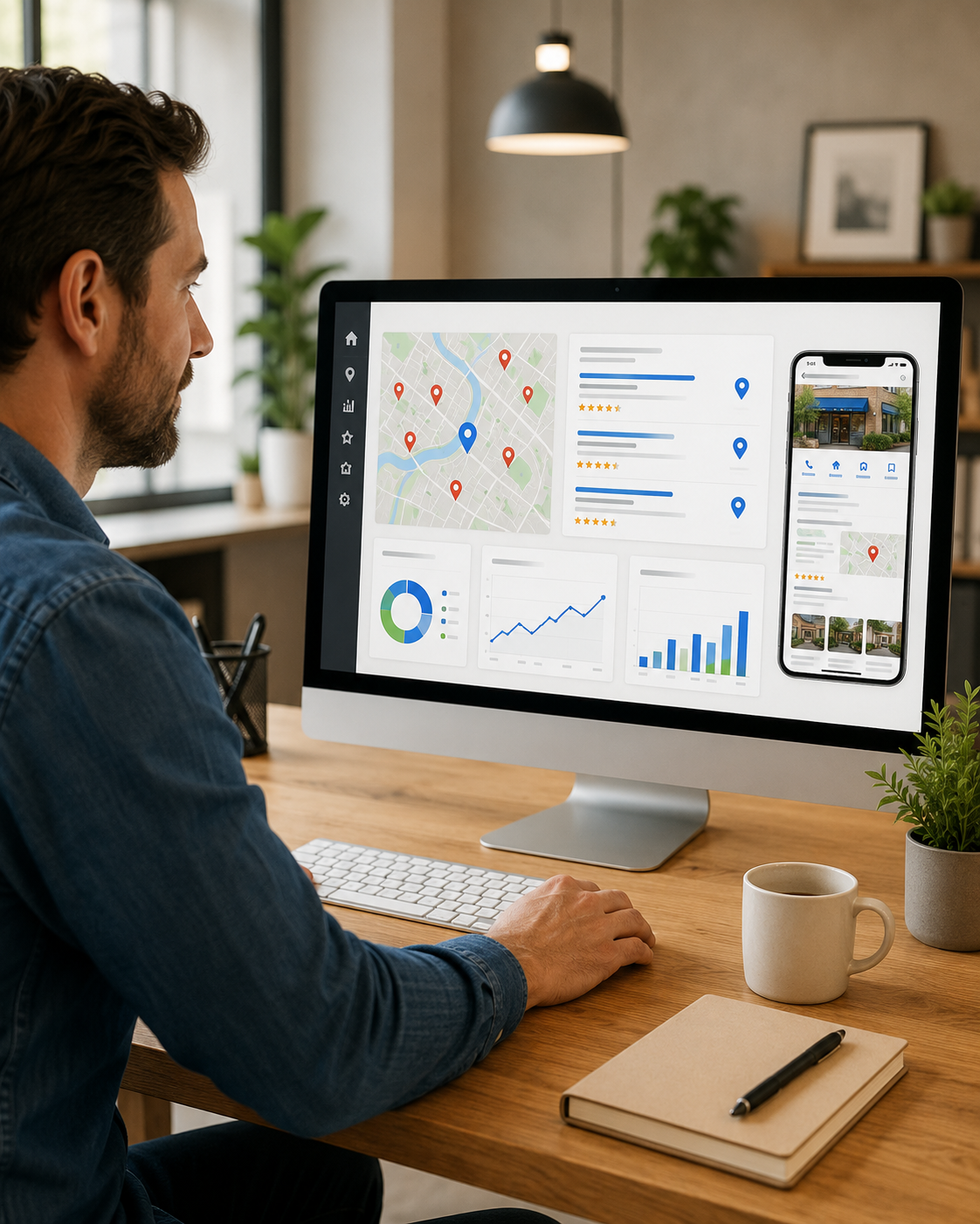 Local business owner reviewing local SEO rankings and Google search performance
