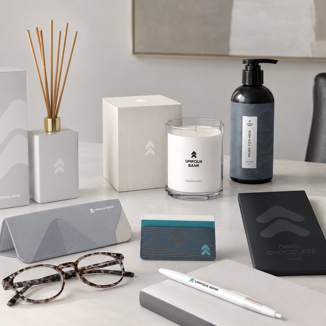 Umpqua Bank branded merchandise and graphic design collection