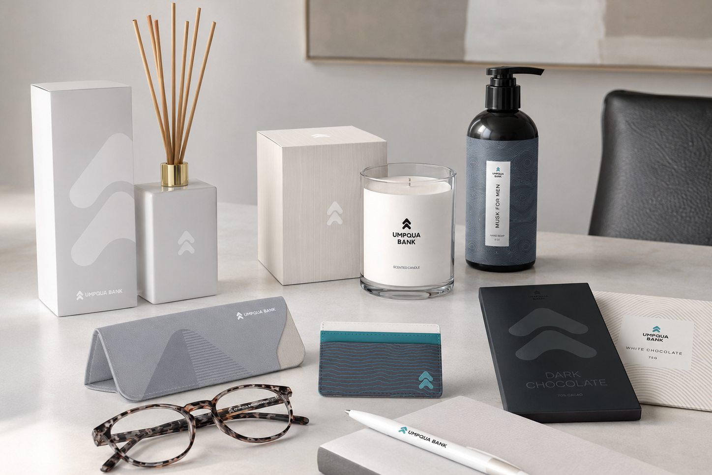 Umpqua Bank branded merchandise and graphic design collection