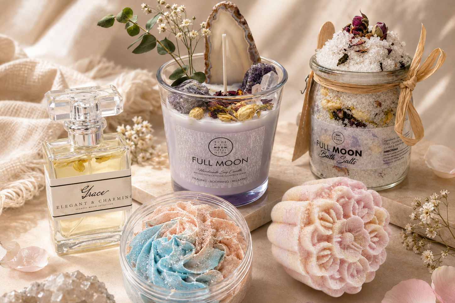 SMI Beauty & Bath Full Moon collection product packaging and graphic design